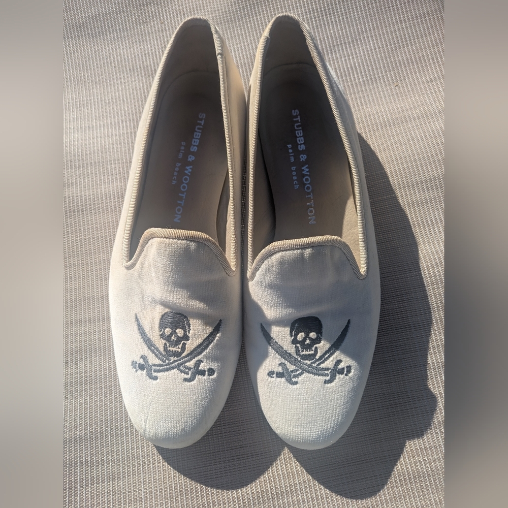 Stubbs & Wootton Skull Pirate Embroidered Velvet Loafers Sz 7.5 *Stains*
